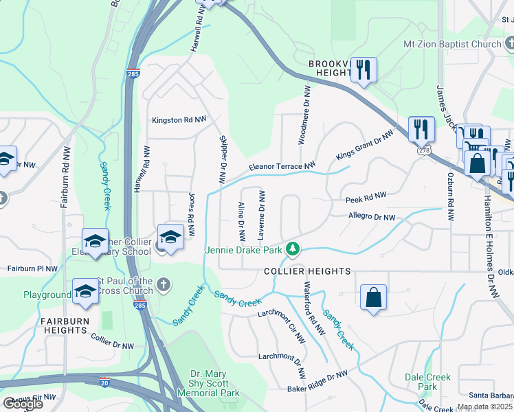 map of restaurants, bars, coffee shops, grocery stores, and more near 738 Laverne Drive Northwest in Atlanta