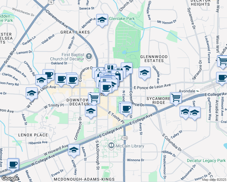 map of restaurants, bars, coffee shops, grocery stores, and more near 225 East Ponce de Leon Avenue in Decatur