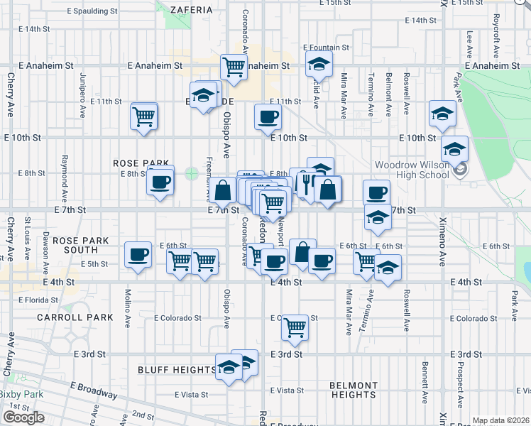 map of restaurants, bars, coffee shops, grocery stores, and more near 3400 East 7th Street in Long Beach