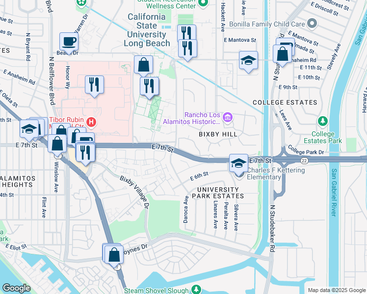 map of restaurants, bars, coffee shops, grocery stores, and more near 6268 Riviera Circle in Long Beach