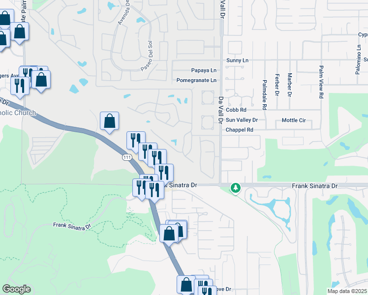 map of restaurants, bars, coffee shops, grocery stores, and more near 358 Andorra Way in Cathedral City