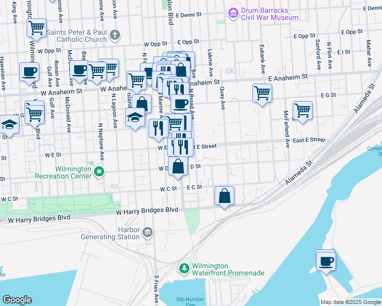 map of restaurants, bars, coffee shops, grocery stores, and more near 114 East E Street in Los Angeles