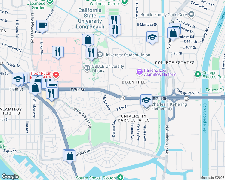 map of restaurants, bars, coffee shops, grocery stores, and more near 6236 Riviera Circle in Long Beach