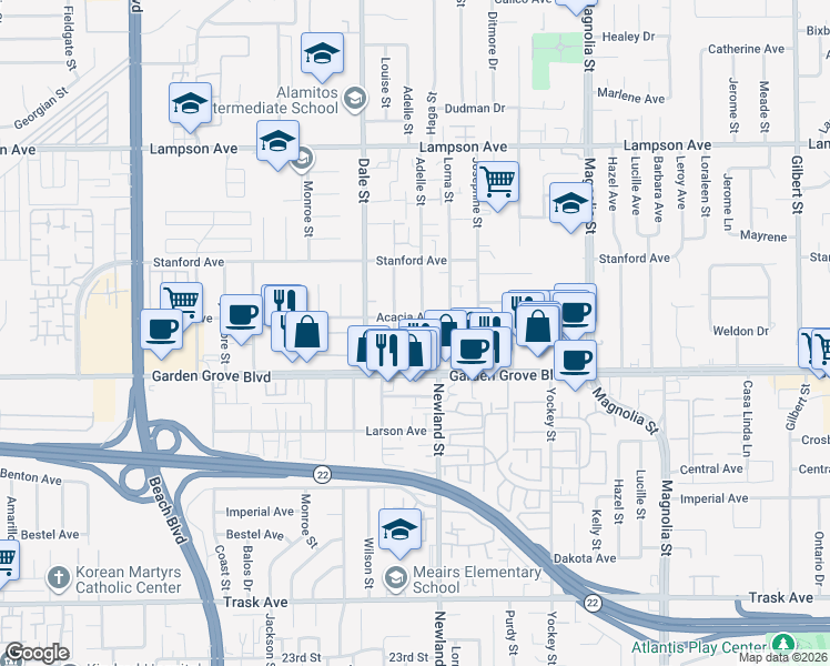 map of restaurants, bars, coffee shops, grocery stores, and more near 8562 Acacia Avenue in Garden Grove