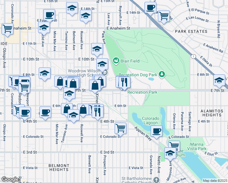 map of restaurants, bars, coffee shops, grocery stores, and more near 4632 East 7th Street in Long Beach