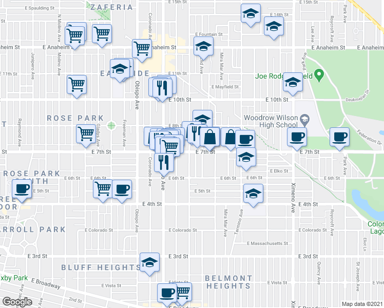map of restaurants, bars, coffee shops, grocery stores, and more near 3535 East 7th Street in Long Beach