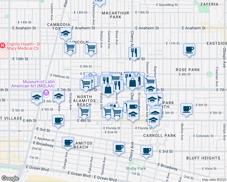 map of restaurants, bars, coffee shops, grocery stores, and more near 1739 East 7th Street in Long Beach