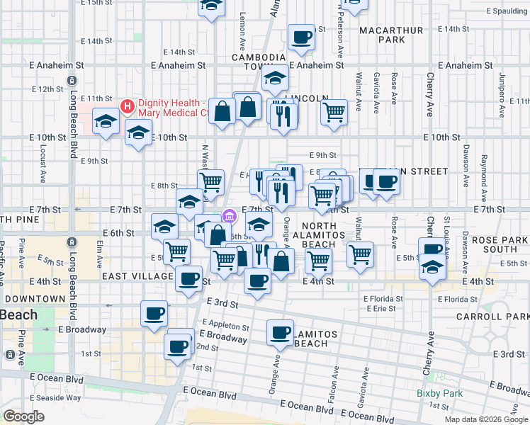map of restaurants, bars, coffee shops, grocery stores, and more near 1041 East 7th Street in Long Beach