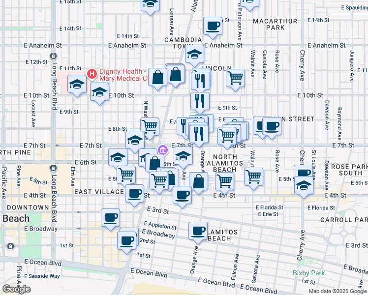 map of restaurants, bars, coffee shops, grocery stores, and more near 1041 East 7th Street in Long Beach