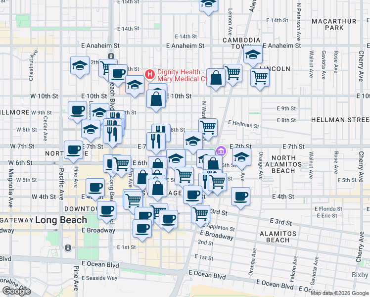 map of restaurants, bars, coffee shops, grocery stores, and more near 722 East 7th Street in Long Beach