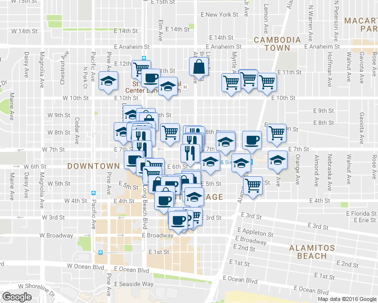 map of restaurants, bars, coffee shops, grocery stores, and more near in Long Beach