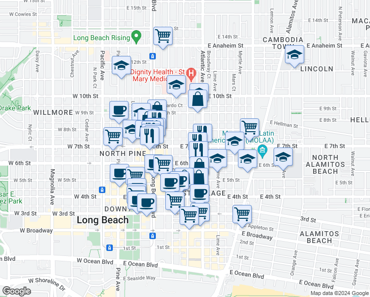 map of restaurants, bars, coffee shops, grocery stores, and more near 701 Linden Avenue in Long Beach