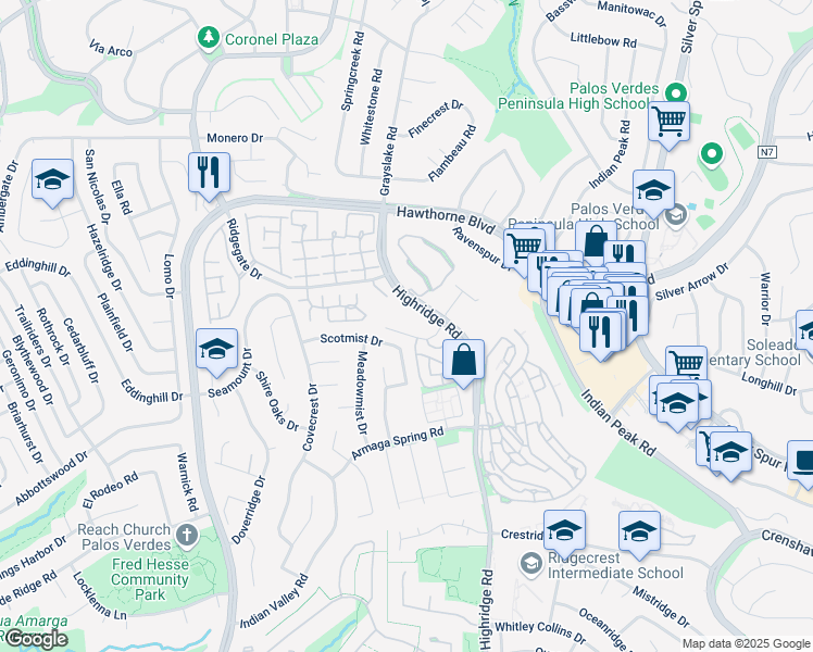 map of restaurants, bars, coffee shops, grocery stores, and more near 5975 Peacock Ridge Road in Rancho Palos Verdes