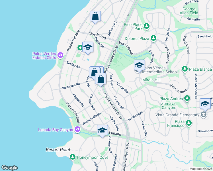map of restaurants, bars, coffee shops, grocery stores, and more near 2301 Vía Rivera in Palos Verdes Estates