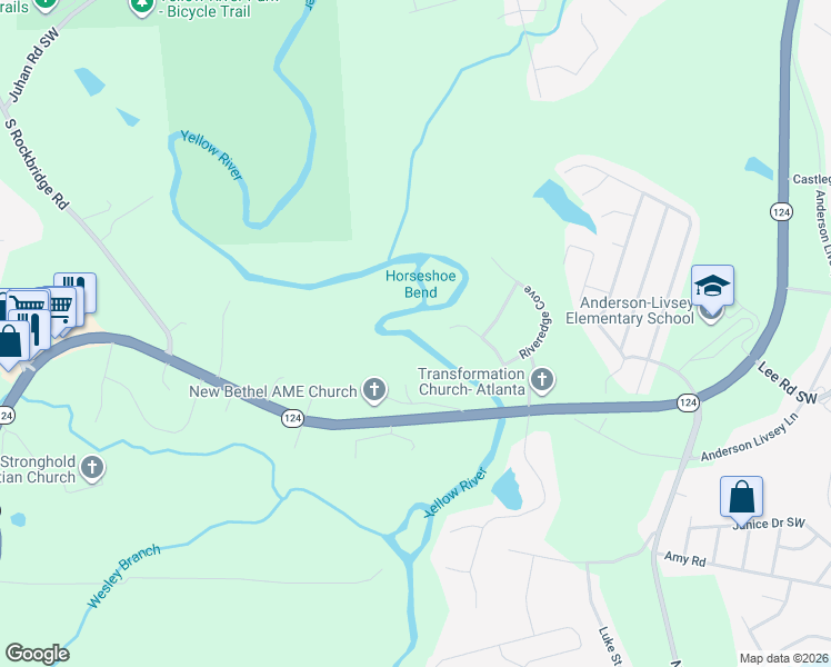 map of restaurants, bars, coffee shops, grocery stores, and more near 4854 Riveredge Cove in Snellville