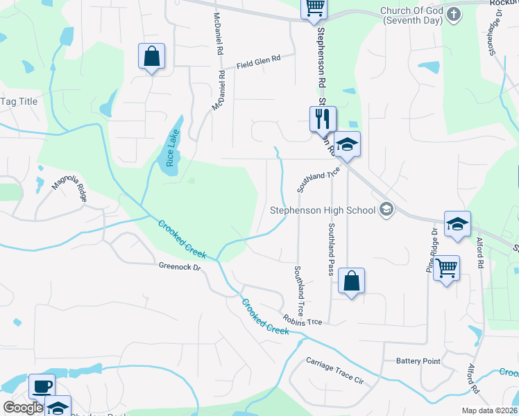 map of restaurants, bars, coffee shops, grocery stores, and more near 800 Southland Forest Way in Stone Mountain