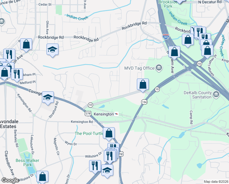 map of restaurants, bars, coffee shops, grocery stores, and more near 712 Avondale Hills Drive in Decatur