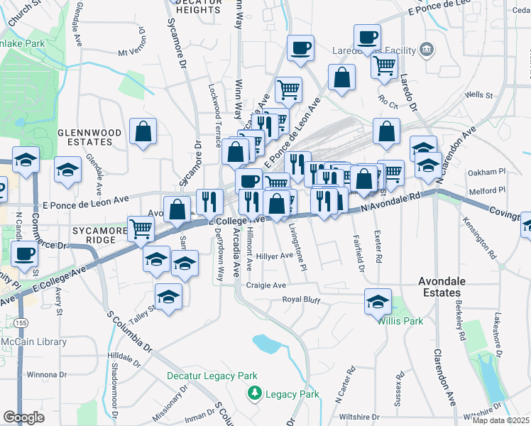 map of restaurants, bars, coffee shops, grocery stores, and more near 2748 East College Avenue in Decatur