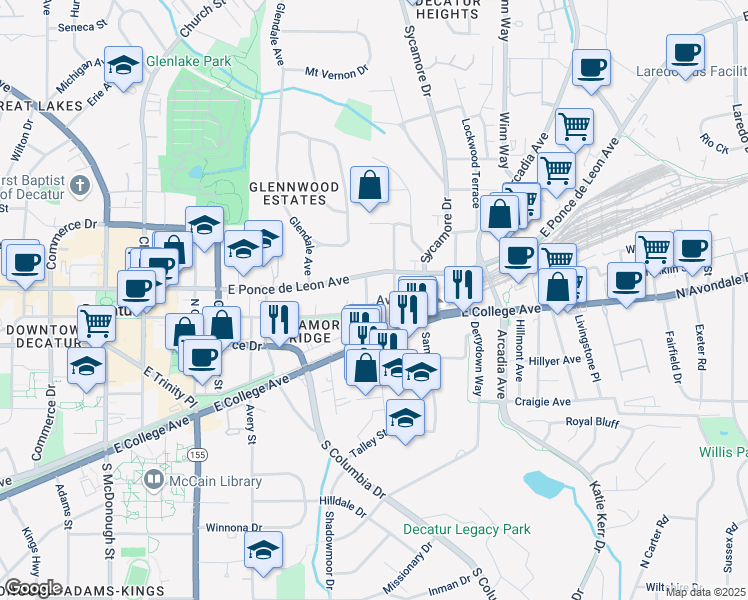 map of restaurants, bars, coffee shops, grocery stores, and more near 108 Glenn Street in Decatur