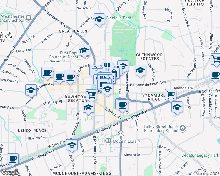 map of restaurants, bars, coffee shops, grocery stores, and more near 225 East Ponce de Leon Avenue in Decatur