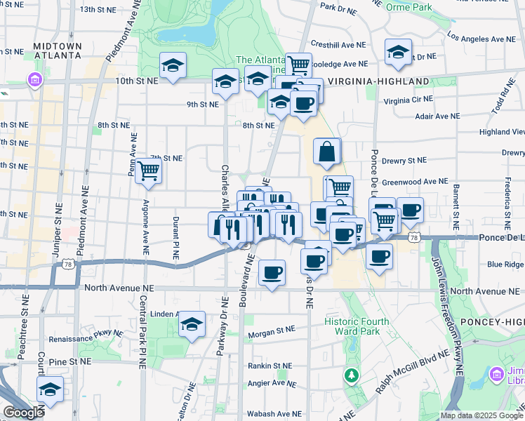 map of restaurants, bars, coffee shops, grocery stores, and more near 771 Monroe Drive Northeast in Atlanta