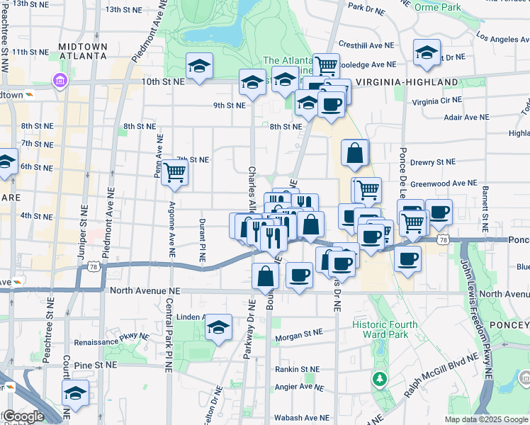 map of restaurants, bars, coffee shops, grocery stores, and more near 773 Vedado Way Northeast in Atlanta