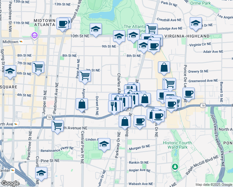 map of restaurants, bars, coffee shops, grocery stores, and more near 418 5th Street Northeast in Atlanta