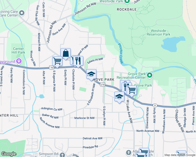 map of restaurants, bars, coffee shops, grocery stores, and more near 767 North Elizabeth Place Northwest in Atlanta