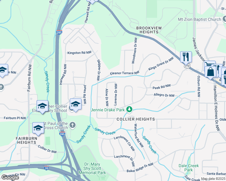map of restaurants, bars, coffee shops, grocery stores, and more near 738 Laverne Drive Northwest in Atlanta