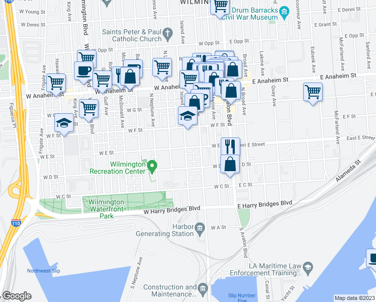 map of restaurants, bars, coffee shops, grocery stores, and more near 356 West E Street in Los Angeles