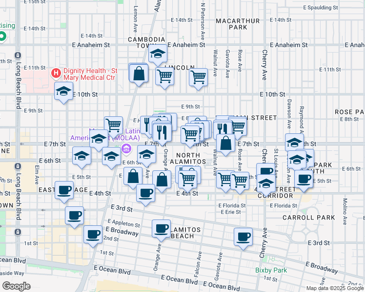 map of restaurants, bars, coffee shops, grocery stores, and more near 659 Almond Avenue in Long Beach