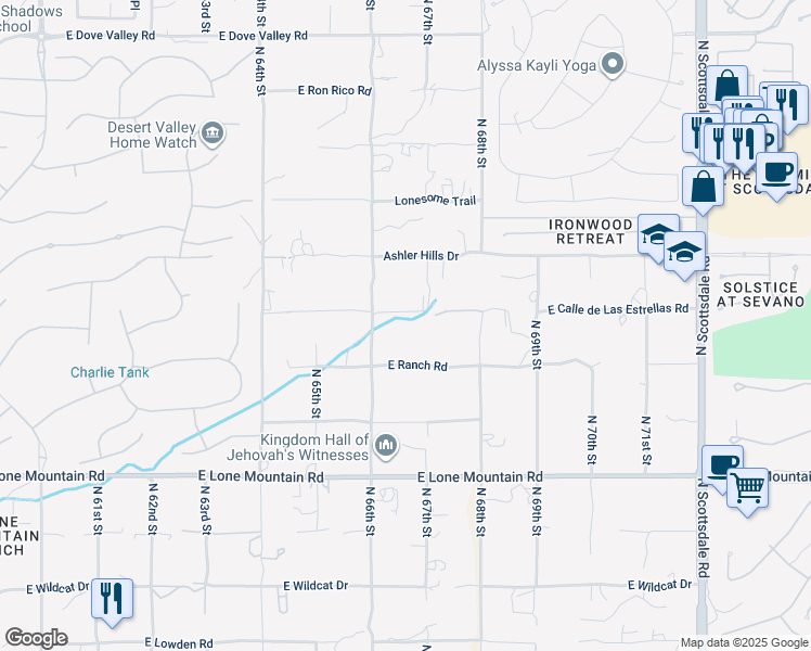 map of restaurants, bars, coffee shops, grocery stores, and more near 6635 East Cll De Las Estrellas in Cave Creek