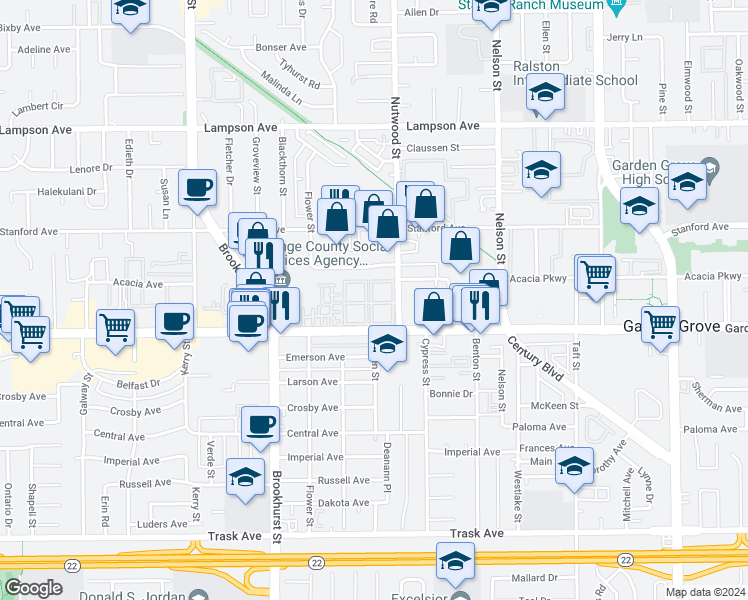 map of restaurants, bars, coffee shops, grocery stores, and more near 10411 Garden Grove Boulevard in Garden Grove