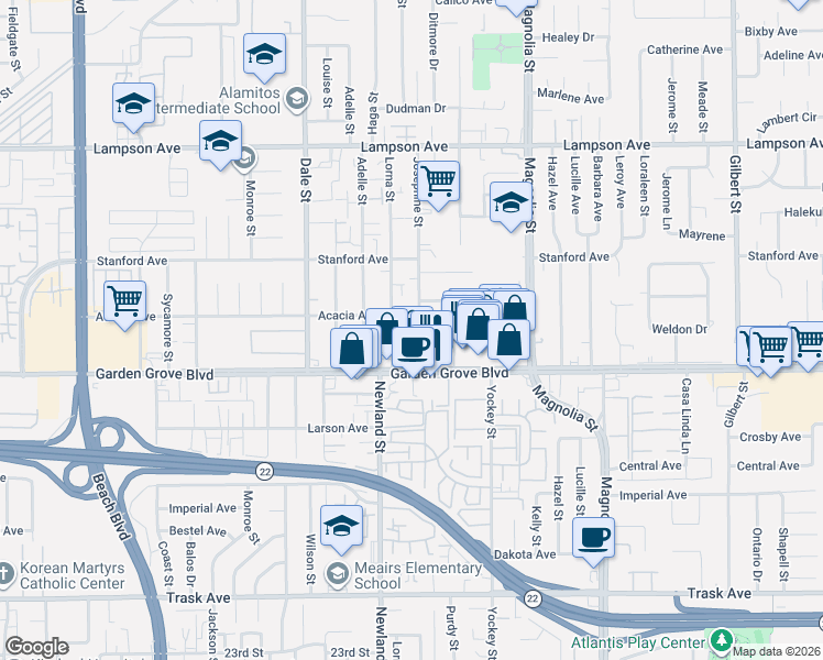 map of restaurants, bars, coffee shops, grocery stores, and more near 8751 Anthony Avenue in Garden Grove
