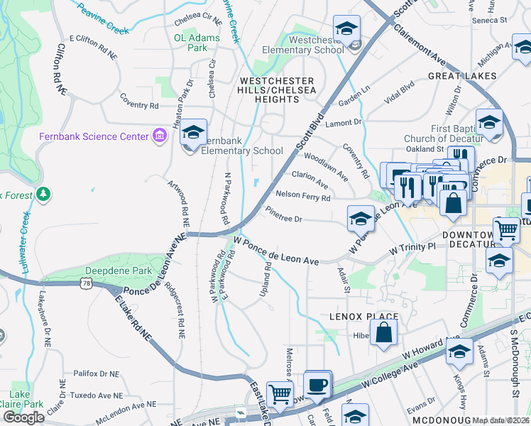 map of restaurants, bars, coffee shops, grocery stores, and more near 126 Scott Boulevard in Decatur