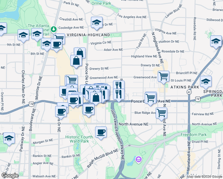 map of restaurants, bars, coffee shops, grocery stores, and more near 836 Saint Charles Avenue Northeast in Atlanta