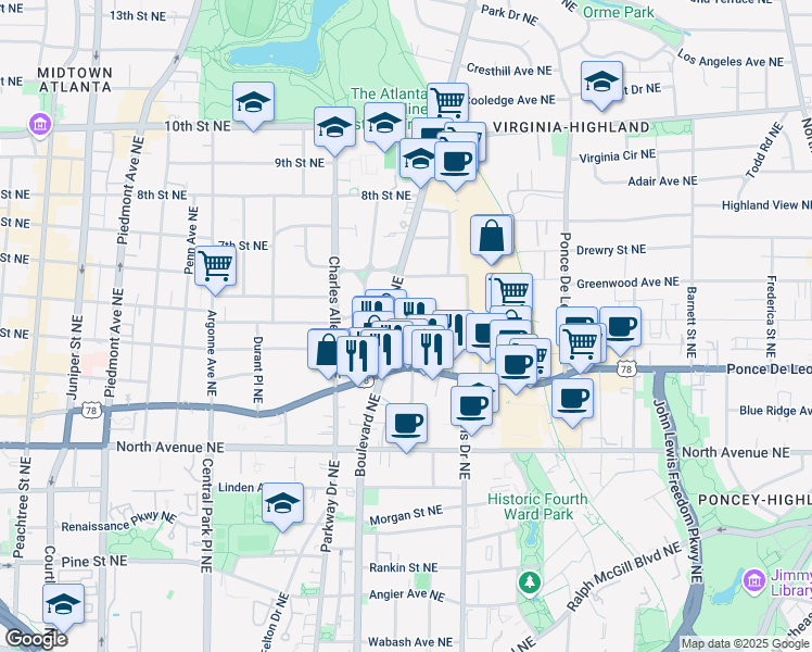 map of restaurants, bars, coffee shops, grocery stores, and more near 513 Saint Charles Avenue Northeast in Atlanta