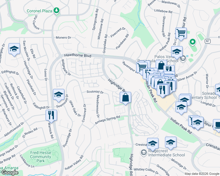 map of restaurants, bars, coffee shops, grocery stores, and more near 5959 Peacock Ridge Road in Rancho Palos Verdes