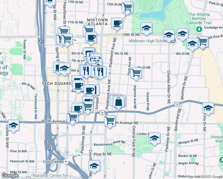 map of restaurants, bars, coffee shops, grocery stores, and more near 751 Piedmont Avenue Northeast in Atlanta