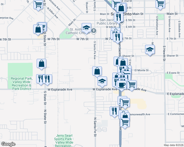 map of restaurants, bars, coffee shops, grocery stores, and more near 1262 South Santa Fe Avenue in San Jacinto