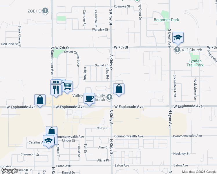 map of restaurants, bars, coffee shops, grocery stores, and more near 1220 South Kirby Street in San Jacinto