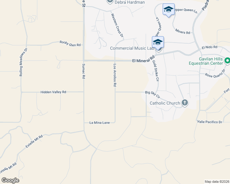 map of restaurants, bars, coffee shops, grocery stores, and more near 17409 El Mineral Road in Perris