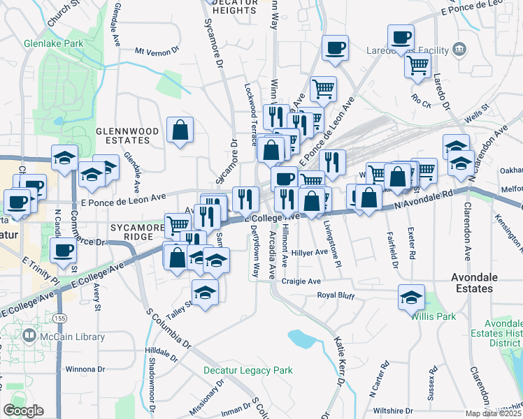 map of restaurants, bars, coffee shops, grocery stores, and more near 2680 East College Avenue in Decatur