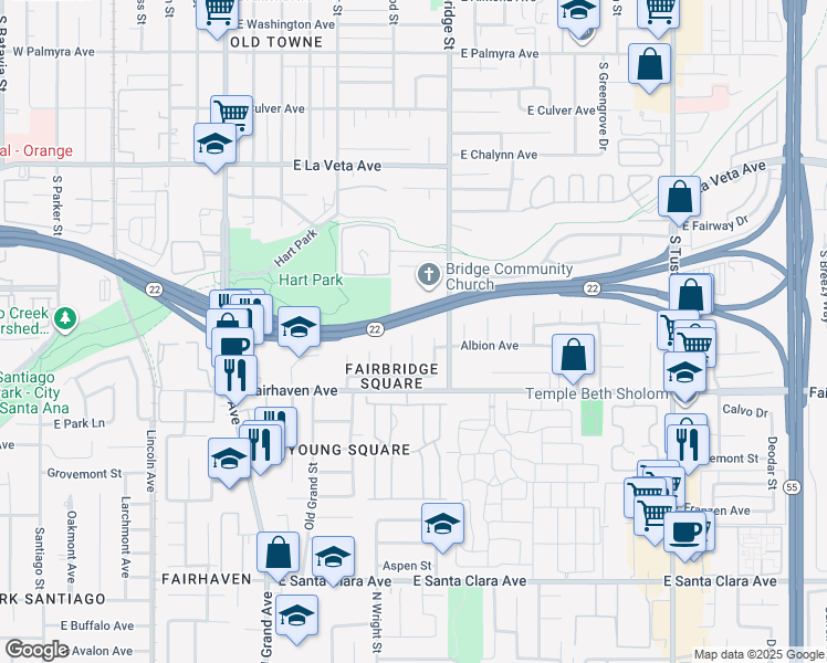 map of restaurants, bars, coffee shops, grocery stores, and more near 2733 Concord Street in Santa Ana