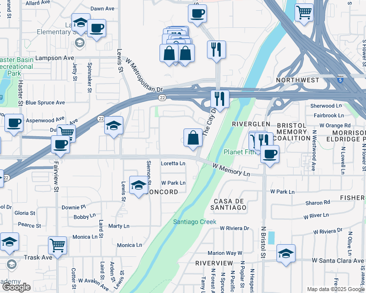 map of restaurants, bars, coffee shops, grocery stores, and more near 790 The City Drive South in Orange