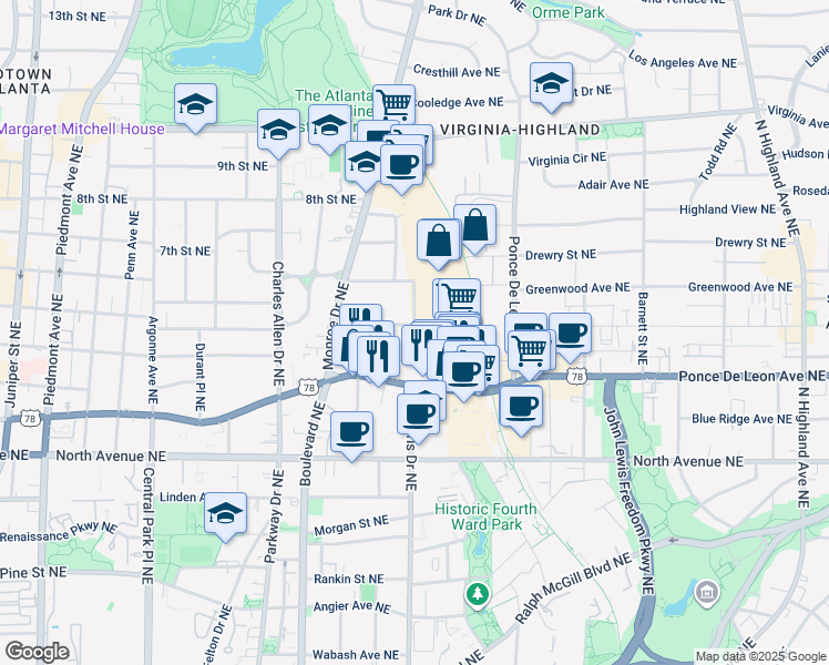 map of restaurants, bars, coffee shops, grocery stores, and more near 587 Saint Charles Avenue Northeast in Atlanta
