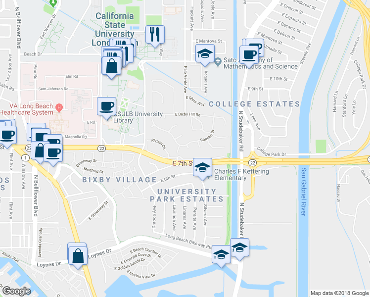 map of restaurants, bars, coffee shops, grocery stores, and more near 715 Lariat Circle in Long Beach