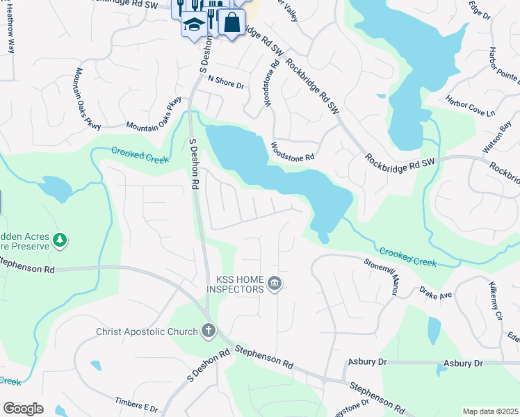 map of restaurants, bars, coffee shops, grocery stores, and more near 704 Shore Overlook in Lithonia