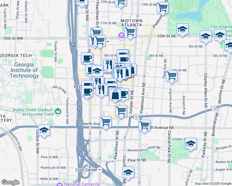 map of restaurants, bars, coffee shops, grocery stores, and more near 764 West Peachtree Street Northwest in Atlanta