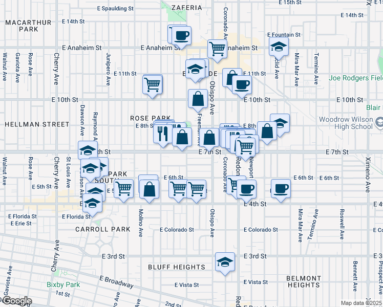 map of restaurants, bars, coffee shops, grocery stores, and more near 3012 E 7th St in Long Beach